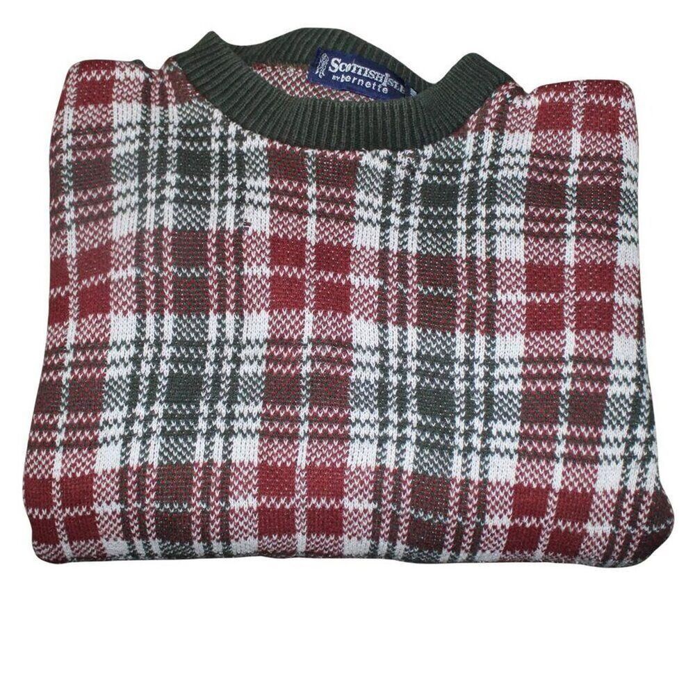 Vintage Scottish Sweater Oversized Plaid Cotton Knit Ribbed Cuffs Grandpacore